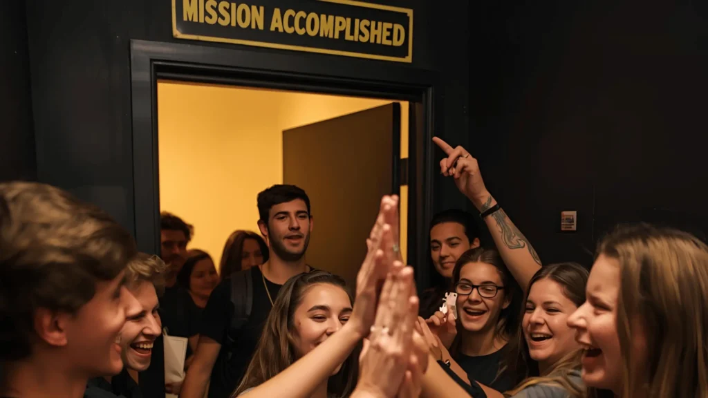 Meaningful Bonds Beyond the Game A group of people celebrating outside after completing an escape room adventure
